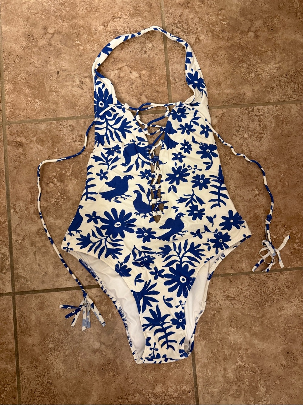 Show Me Your MuMu Blue & White Floral One-Piece Swimsuit with Lace-Up Front